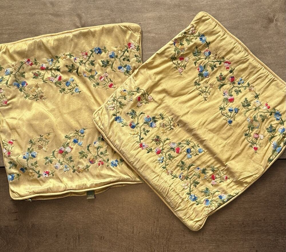 Vtg Nettle Creek Set of 2 Embroidered Floral Throw Pillow Covers Silk 14" Gold